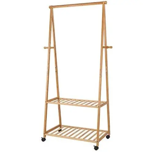 Homfa Bamboo Clothes Rack on Wheels Rolling Garment Rack with 2-Tier Storage Shelves and 4 Coat Hooks for Shoes, Clothing Homfa Bamboo Clothes Rack on Wheels Rolling Garment Rack with 2-Tier Storage Shelves and 4 Coat Hooks for Shoes, Clothing