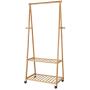 Homfa Bamboo Clothes Rack on Wheels Rolling Garment Rack with 2-Tier Storage Shelves and 4 Coat Hooks for Shoes, Clothing