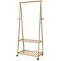 Homfa Bamboo Clothes Rack on Wheels Rolling Garment Rack with 2-Tier Storage Shelves and 4 Coat Hooks for Shoes, Clothing Homfa Bamboo Clothes Rack on Wheels Rolling Garment Rack with 2-Tier Storage Shelves and 4 Coat Hooks for Shoes, Clothing