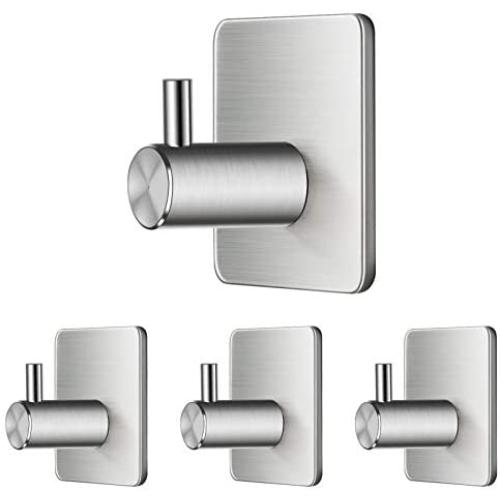 Adhesive Hooks Towel Hooks Wall Hooks Heavy Duty Stainless Steel Hooks Door Hooks Bathroom Hooks for Hanging Coat, Hat,Bath Towel-Bathroom and Bedroom or Kitchen 4-Packs