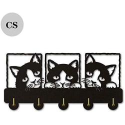 Peeping Cat Key Hook Wall Door Clothes Coat Hat Hanger Key Holder with 5 Hooks Strong Adhesive Sticker Wood Hooks, Animal Design Unique Home Décor,Unique Gift. (P3)