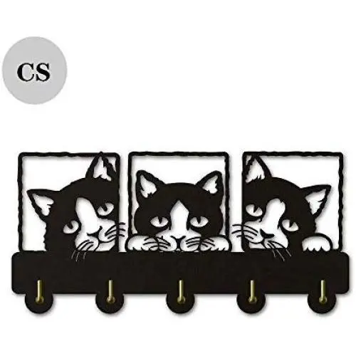 Peeping Cat Key Hook Wall Door Clothes Coat Hat Hanger Key Holder with 5 Hooks Strong Adhesive Sticker Wood Hooks, Animal Design Unique Home Décor,Unique Gift. (P3)