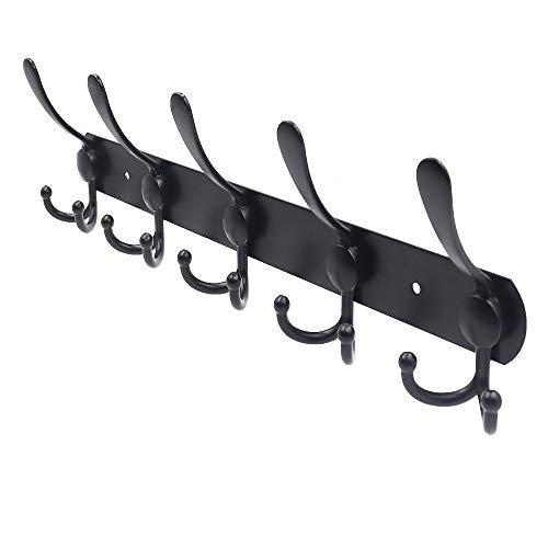 Coat Rack Wall Mounted,LECAMEBOR Coat Hooks Clothes Hanger for Robe Hat Towel Purse Stainless Steel 5 Tri Hooks for Entryway Mudroom Bathroom(Black)