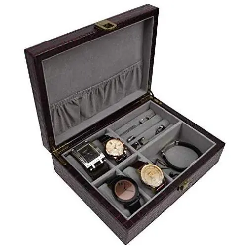 Decorebay Executive PU Crocodile Leather Cufflink Case and Ring Storage Organizer and Jewellery Boxes for Men (Seal Brown)