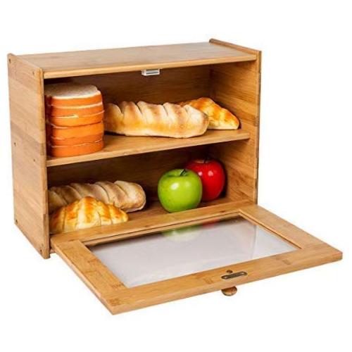 INDRESSME Bamboo 2- Layer Large Capacity Bread Boxes Countertop Bread Storage Bread Boxes for Kitchen Counter Retro Bread Bin with Transparent Window, Fully Assembled