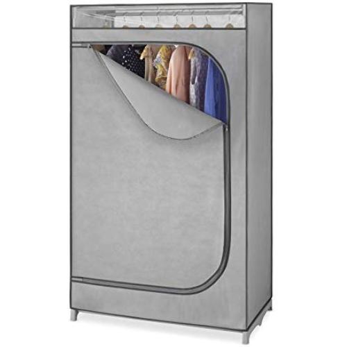Whitmor Portable Wardrobe Clothes Closet Storage Organizer with Hanging Rack - Grey Color - No-tool Assembly - See Through Window - Washable Fabric Cover - Extra Strong & Durable - 19.75 x 36 x 64”