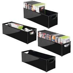 mDesign Plastic Stackable Household Storage Organizer Container Bin with Handles - for Media Consoles, Closets, Cabinets - Holds DVDs, Video Games, Gaming Accessories, Head Sets - 4 Pack - Black