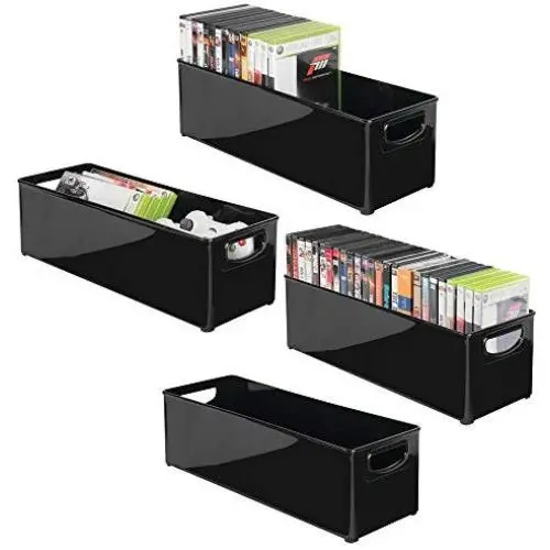 mDesign Plastic Stackable Household Storage Organizer Container Bin with Handles - for Media Consoles, Closets, Cabinets - Holds DVDs, Video Games, Gaming Accessories, Head Sets - 4 Pack - Black