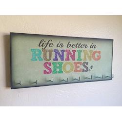 Race Medal Holder/Running Medal Hanger - LIFE IS BETTER IN RUNNING SHOES (rainbow). Wood Wall Mounted Medal Organizer