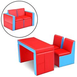 HONEY JOY Kids Sofa, 2-in-1 Multi-Functional Kids Table & Chair Set, 2 Seat Couch with Storage Boxes for Boys & Girls