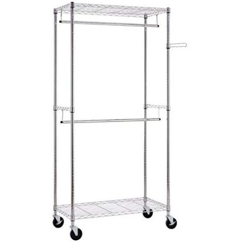 Finnhomy Heavy Duty Rolling Garment Rack Clothes Rack with Double Hanger Rods and Shelves, Portable Closet Organizer with Wheels, 1″ Diameter Thicken Steel Tube Hold Up to 300Lbs, Chrome