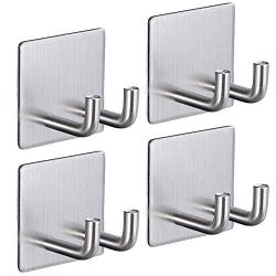 Adhesive Razor Hook for Shower, Cabinadd Stainless Steel Double Prong Hook Self Adhesive Wall Hook Hanger for Keys, Kitchen Utensils, Plugs, Coats (4 Pack)