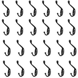 uxcell 24pcs Dual Wall Hooks Zinc Alloy Wall Mounted Coat Hat Key Double Robe Hooks Clothes Hanger Holder w Screws Black