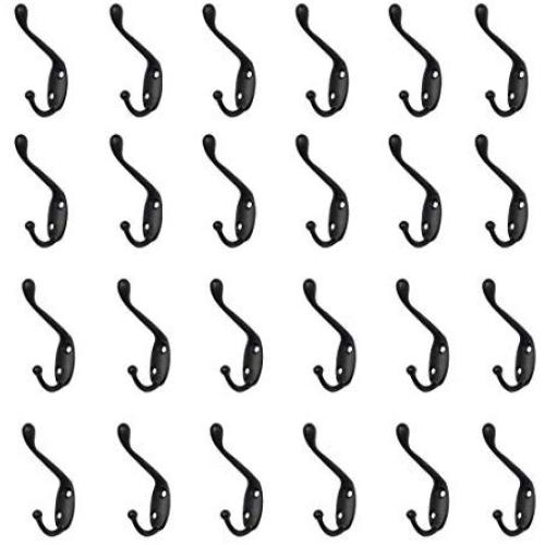 uxcell 24pcs Dual Wall Hooks Zinc Alloy Wall Mounted Coat Hat Key Double Robe Hooks Clothes Hanger Holder w Screws Black