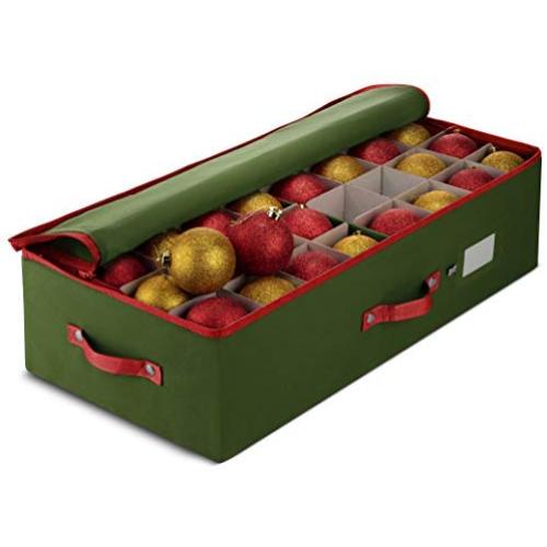 ZOBER Underbed Christmas Ornament Storage Boxes Zippered Closure - Stores up to 64 of The 3-inch Standard Christmas Ornaments, and Xmas Holiday Accessories Storage Container with Dividers & Two Handles