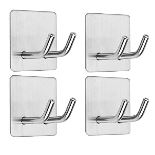 CACASO Adhesive Hooks, Stainless Steel Razor Holder Towel Hook for Bathroom Heavy Duty Wall Hooks Waterproof Hangers Kitchen Bedroom,Stick on Robe Hooks Anti-Skid Double Hanging Robe 4-Pack