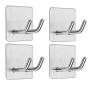 CACASO Adhesive Hooks, Stainless Steel Razor Holder Towel Hook for Bathroom Heavy Duty Wall Hooks Waterproof Hangers Kitchen Bedroom,Stick on Robe Hooks Anti-Skid Double Hanging Robe 4-Pack