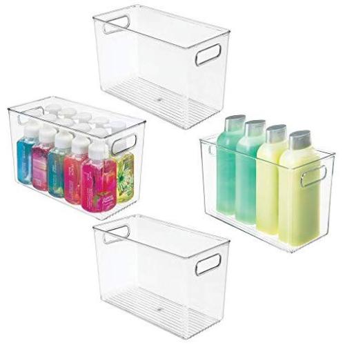 mDesign Slim Plastic Storage Container Bin Boxes with Carrying Handles - Bathroom Cabinet Organizer for Toiletries, Makeup, Shampoo, Conditioner, Face Scrubbers, Loofahs, Bath Salts, 4 Pack - Clear