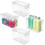 mDesign Slim Plastic Storage Container Bin Boxes with Carrying Handles - Bathroom Cabinet Organizer for Toiletries, Makeup, Shampoo, Conditioner, Face Scrubbers, Loofahs, Bath Salts, 4 Pack - Clear