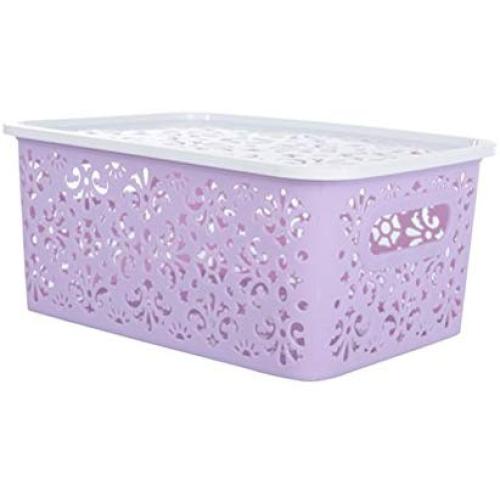 OUNONA Stackable Plastic Storage Boxes Hollow Out Storage Basket with Lid for bras underwear socks neck ties scarves and any accessories - Small Size (Purple)