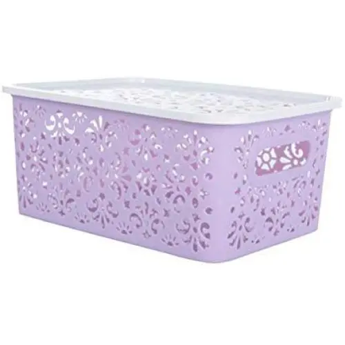 OUNONA Stackable Plastic Storage Boxes Hollow Out Storage Basket with Lid for bras underwear socks neck ties scarves and any accessories - Small Size (Purple)