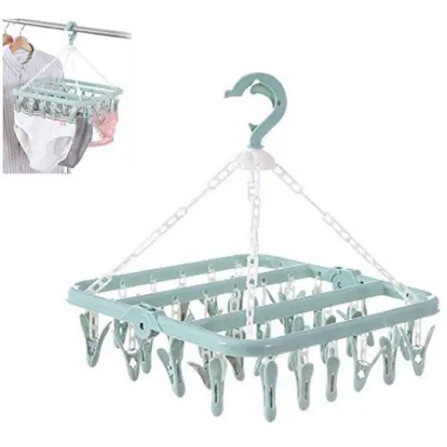 3pcs Random Color Newly Plastic Folding Clothes Hanger with 32 Clips Towels Socks Bras Underwear Drying Rack Space Saving Closet Organizer Tool
