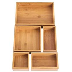 BonusAll 5-Piece Bamboo Storage Boxes Drawer Organizer Set Storage Organizer Divider for Office Desk Supplies and Accessories