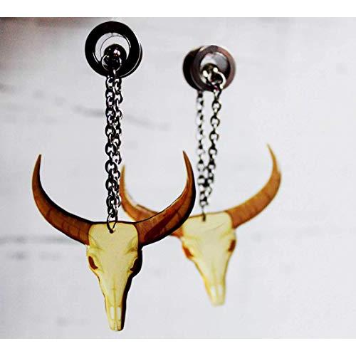 bull skull plug and tunnel cow skull dangle plugs 1/2 00g 3/8 9/16 ear gauges ear weights ear hangers ear piercing buffalo earrings for men