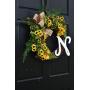 Yellow Sunflower and Boxwood Grapevine Wreath with Green Ferns and Burlap Bow for Summer Fall Farmhouse Front Door Decor; Personalized Monogram Option