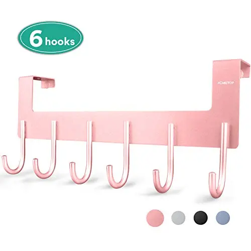 ACMETOP Over The Door Hook Hanger, Heavy-Duty Organizer for Coat, Towel, Bag, Robe - 6 Hooks, Aluminum, Matte Finish (Pink)