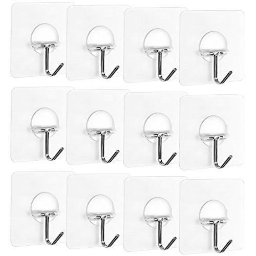 Korlon 22lb/10kg(Max) Heavy Duty Adhesive Wall Hooks Removable Transparent Sticky Wall Hangers Waterproof Reusable Wall Hook for Bathroom & Kitchen (Set of 12)