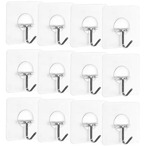 Korlon 22lb/10kg(Max) Heavy Duty Adhesive Wall Hooks Removable Transparent Sticky Wall Hangers Waterproof Reusable Wall Hook for Bathroom & Kitchen (Set of 12)