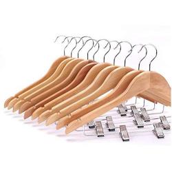 5pieces Wooden Suit Hangers with Polished Clips and Hooks, Natural Wood, Wooden Clothes Hangers