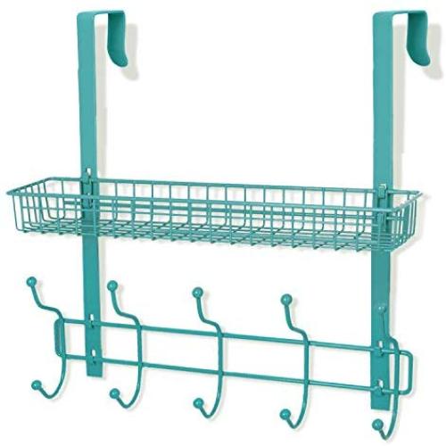 Coat Rack, MILIJIA Over The Door Hanger with Mesh Basket, Detachable Storage Shelf for Towels, Hats, Handbags, Coats (Tiffany Blue)