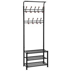 SONGMICS Entryway Coat Rack with Storage Shoe Rack Hallway Organizer 18 Hooks and 3-Tier Shelves Metal Black