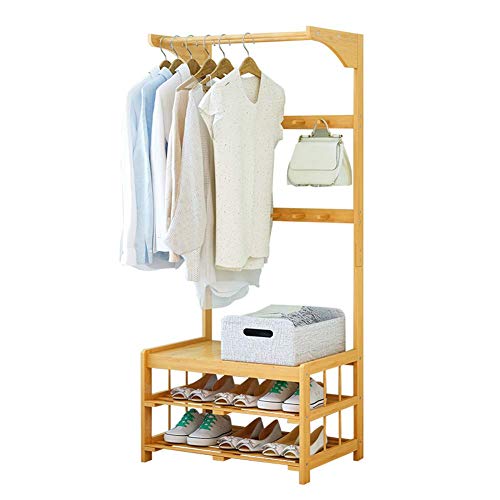 Cxjff Floor Standing Coat Rack Multifunction Bearing Hanger Clothes 10 Hooks Shoes Shelves Easy Install, Bamboo, 2 Sizes (Color : Wood Color, Size : 64x34x168cm)