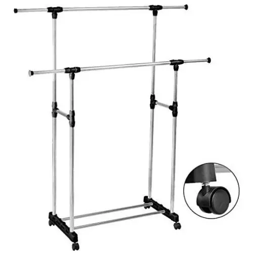 Classy Product Durable Double Adjustable Extendable Clothes Hanger Rack with Rolling Wheel Classy Product Durable Double Adjustable Extendable Clothes Hanger Rack with Rolling Wheel