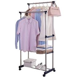 PKWEHKG Furniture Living Room Double Pole Rolling Adjustable Garment Coat Rack Dress Hanger Clothes Rack with Movable Wheels