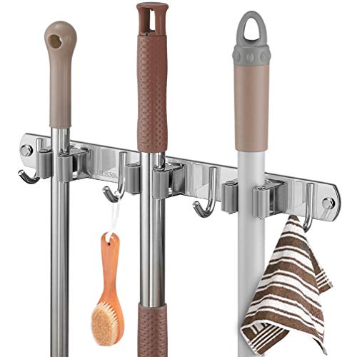 Fyrcomft Broom Holder Organizer Wall Mount Heavy Duty Metal Easy Install Mop Hanger with 3 Racks 4 Hooks