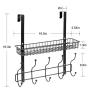 KEIMIX Coat Rack, Over The Door Hanger with Mesh Basket, Detachable Storage Shelf for Towels, Hats, Handbags, Coats (Black)