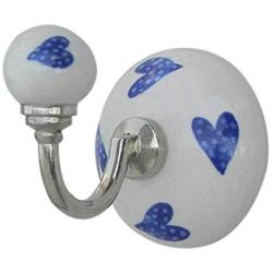 Indianshelf Handmade 1 Artistic Vintage Blue Ceramic Heart Rail Hooks Hangers/Key Hooks for Modern Wall