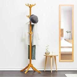 KTOL Modern Bamboo Coat Hall Tree Free Standing, Stable Coat Rack 12 Hooks Floor Clothes Storage Shelves Coat hat Holder for Entryway Hat Hanger-Wood Color 70.9in