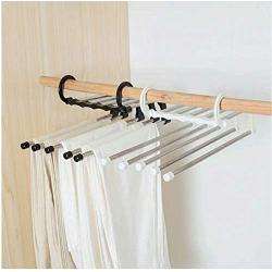 5pcs Random Color 5-in-1 Portable Multi-Function Stainless Steel Pants Cloths Hanger Black White Pants Towel Scarf Adjustable Hangers Organizer