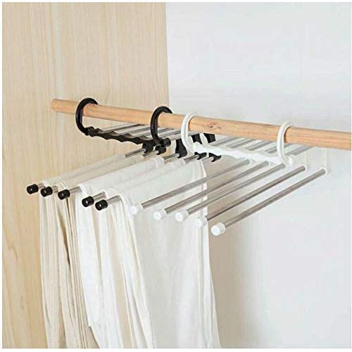 5pcs Random Color 5-in-1 Portable Multi-Function Stainless Steel Pants Cloths Hanger Black White Pants Towel Scarf Adjustable Hangers Organizer