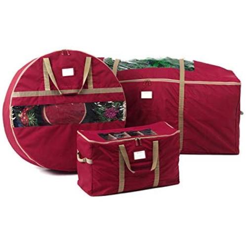 Covermates Keepsakes 3PC Christmas Storage Set (60" Tree Storage Bag + 36" Wreath Storage + 32-128PC Ornament Storage Bag) ? Superior Protection - Holiday Storage - Red