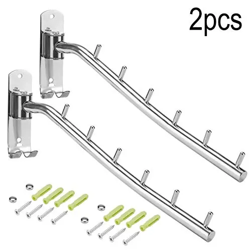 Folding Clothes Rack, Stainless Steel Wall Mounted Clothes Hanger with 6 Hooks Heavy Duty Swing Clothes Holder Closet Storage Organizer Modern Durable Drying Rack Hook Polished Finish ( 2 Pack )