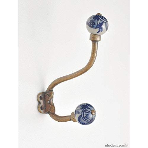 abodent.com Blue Handmade Painted Ceramic Ball & Antique Brass Coat Hook Hooks Wall Mounted Door Hook Hanger for Hat Coat Clothes Kitchen Bathroom Bedroom Office (Screws Included)