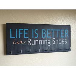 Race Medal Holder/Running Medal Hanger - LIFE IS BETTER IN RUNNING SHOES. Wood Wall Mounted Medal Organizer