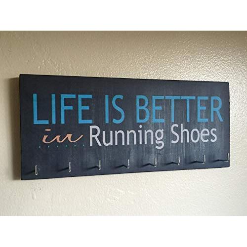 Race Medal Holder/Running Medal Hanger - LIFE IS BETTER IN RUNNING SHOES. Wood Wall Mounted Medal Organizer