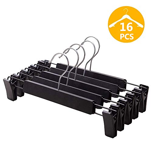 VEHHE Pants Hangers Skirt Hangers, 16 Pack Black Plastic Dress Trousers Pant Hanger with Non-Slip Big Clips and 360 Rotatable Hook (Black) (Black)